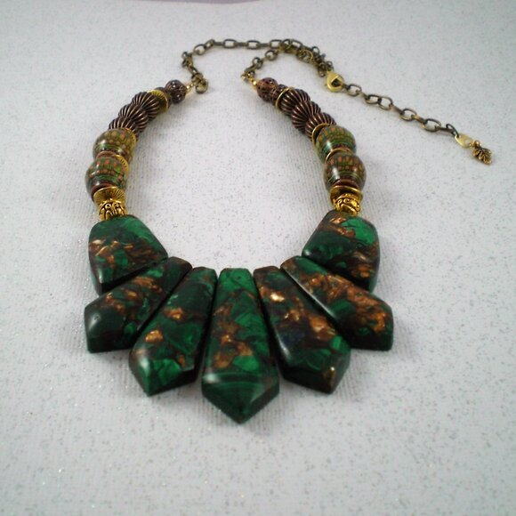 Malachite and Bronzite Gemstone Necklace; Couture, Hand Beaded - Picture 4 of 4
